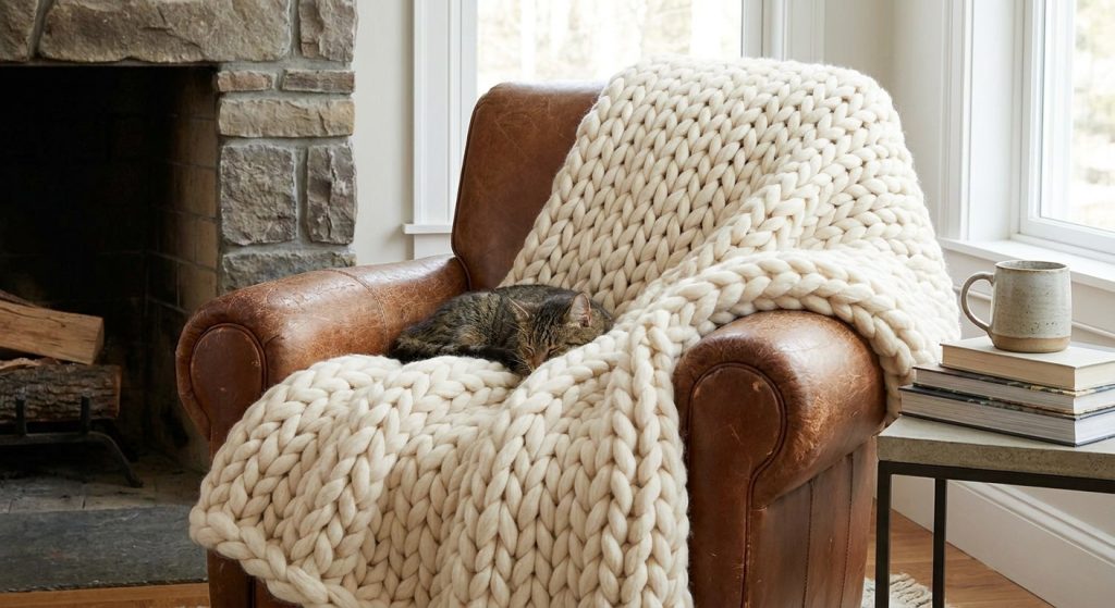 A tabby cat sleeps on a chunky cream knit blanket draped over a brown leather armchair in a cozy living room