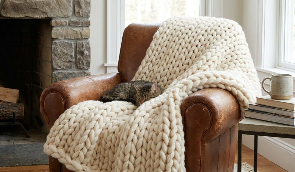 A tabby cat sleeps on a chunky cream knit blanket draped over a brown leather armchair in a cozy living room
