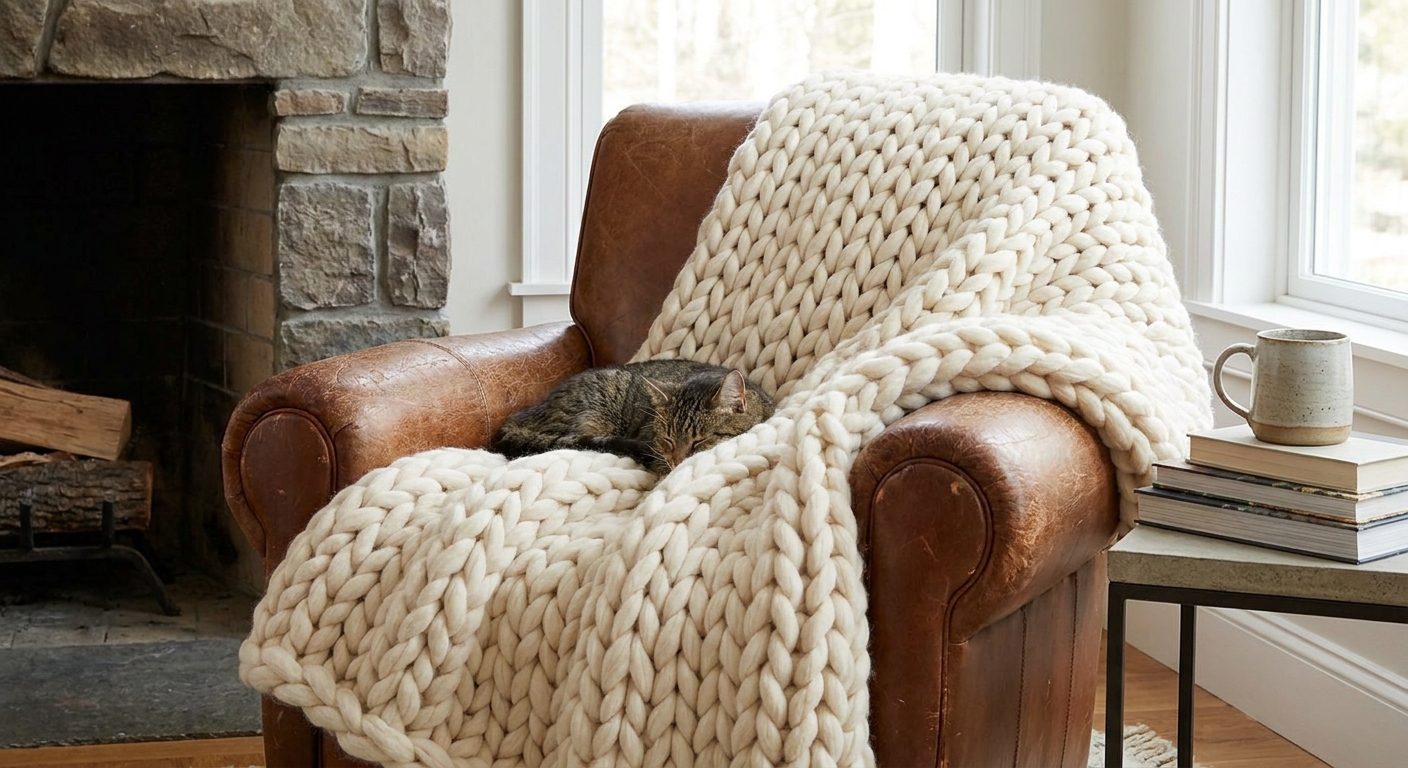 A tabby cat sleeps on a chunky cream knit blanket draped over a brown leather