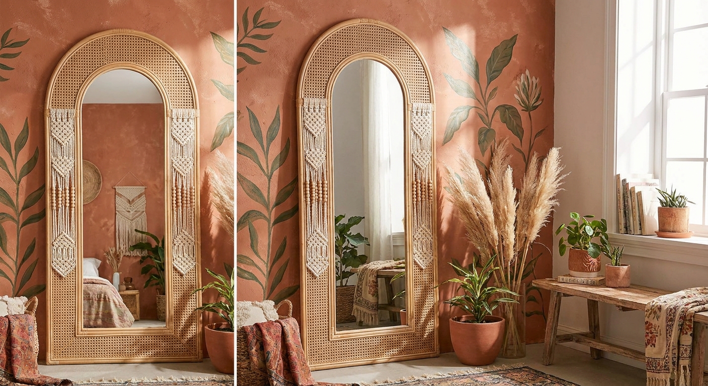 Arched floor mirror with a woven rattan frame and macramé hangings with wooden
