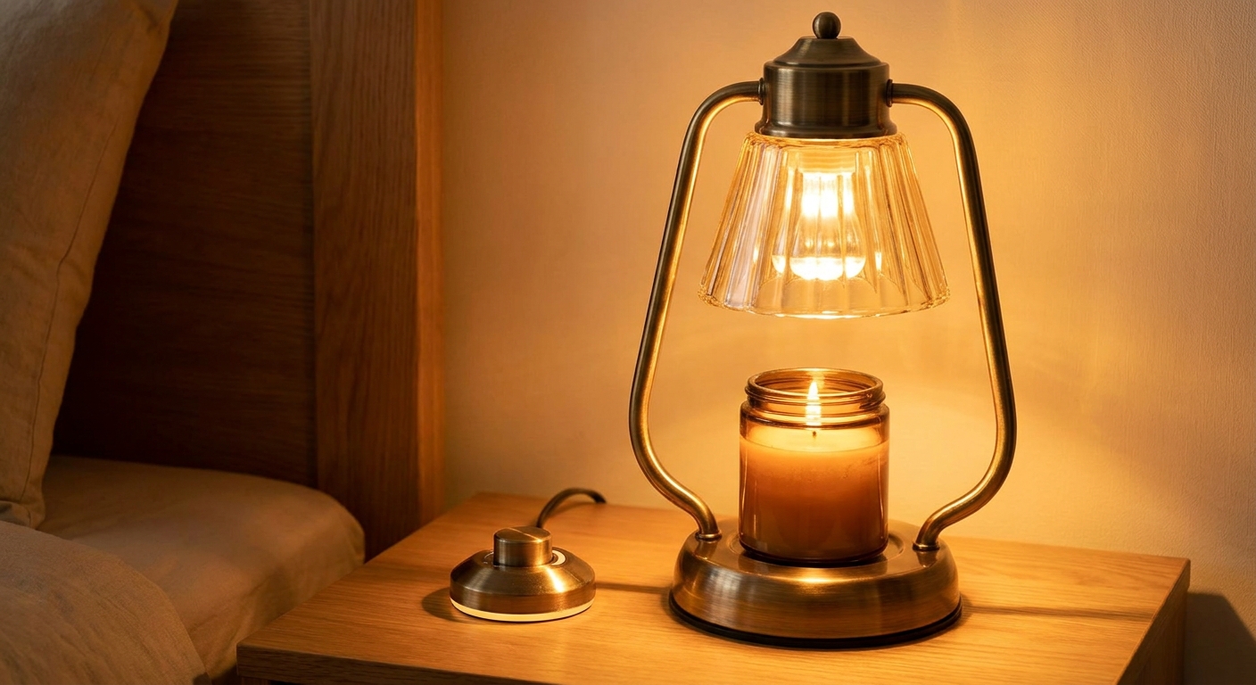 Brass electric candle warmer lamp with a fluted glass shade heating a jar