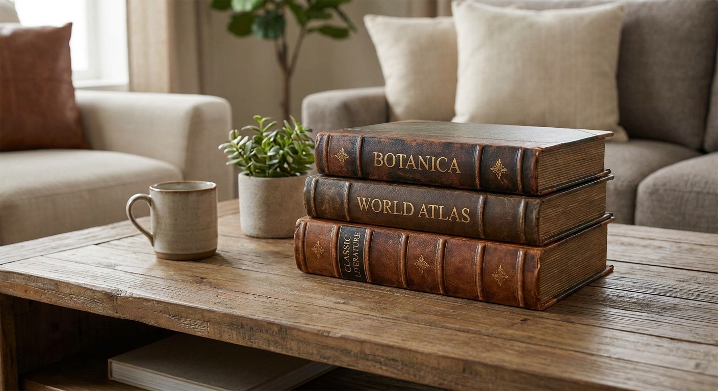 Three leather-bound books titled Botanica, World Atlas, and Classic Literature