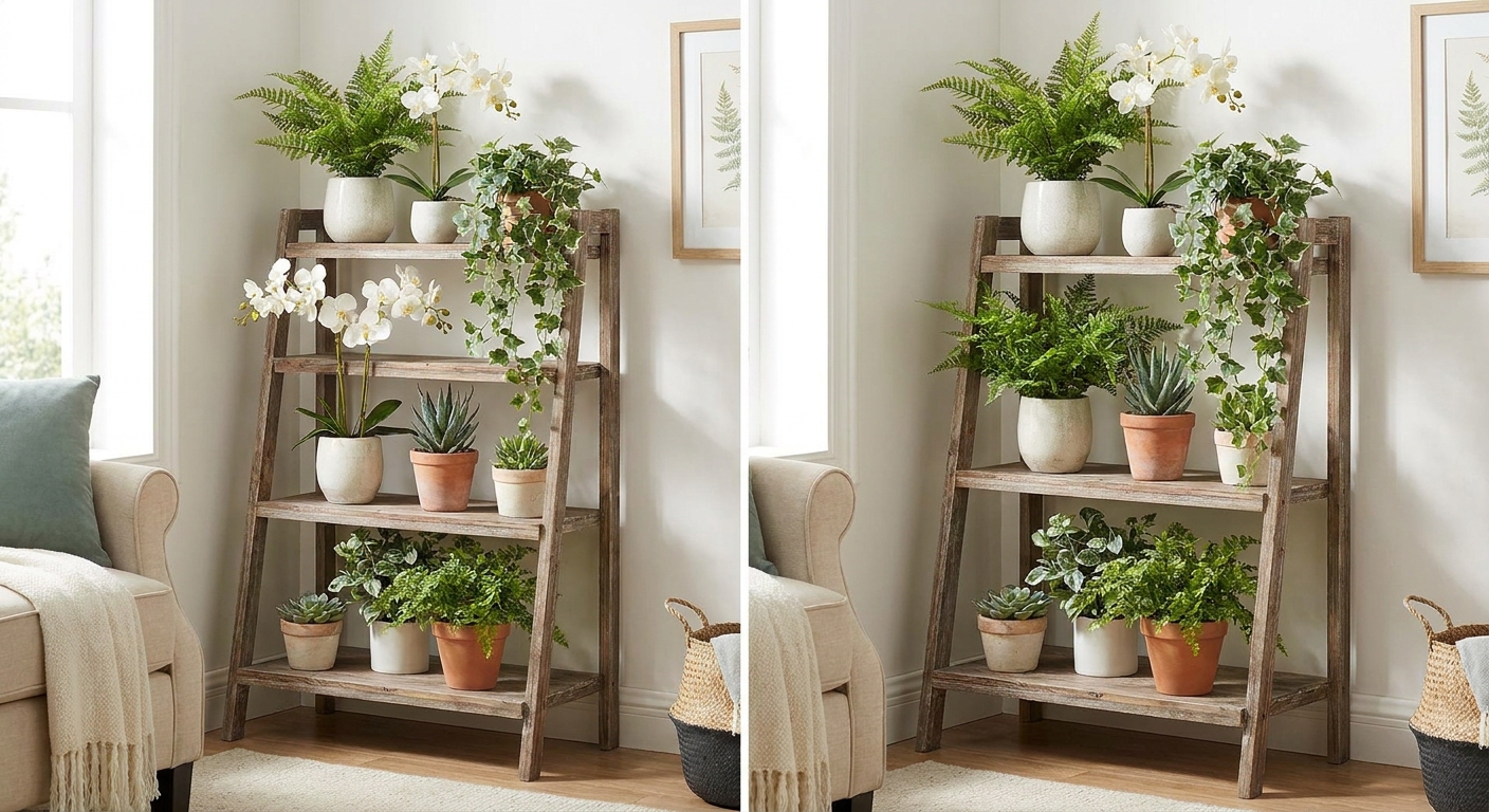 Two side-by-side images showing different ways to style a four-tier wooden